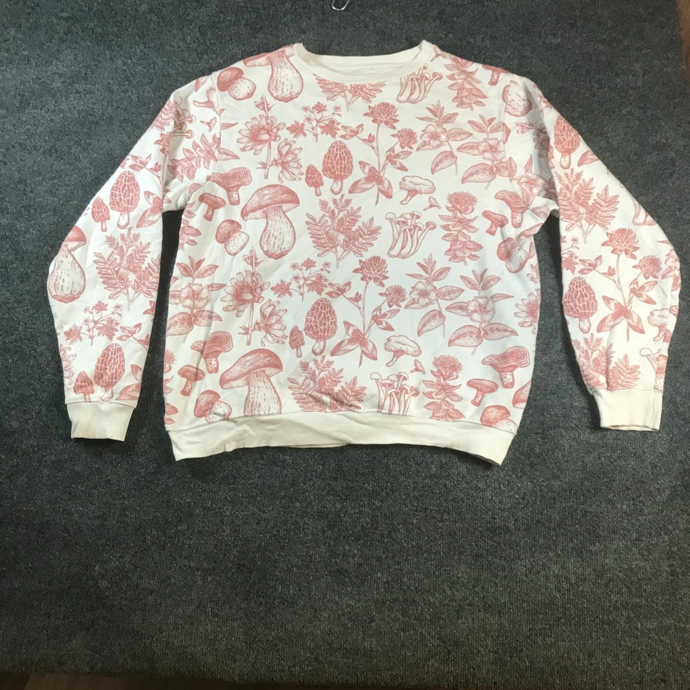 Super Massive Mushroom Crew Sweatshirt Men Large White Print Fleece Lined Cotton